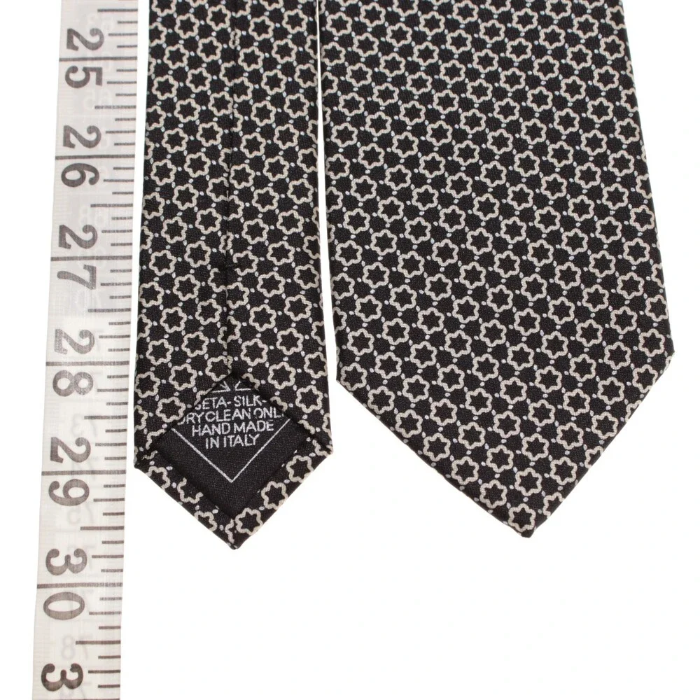 Brioni NWOT Neck Tie in Black with Cream Geometric Print 100% Silk Made in Italy